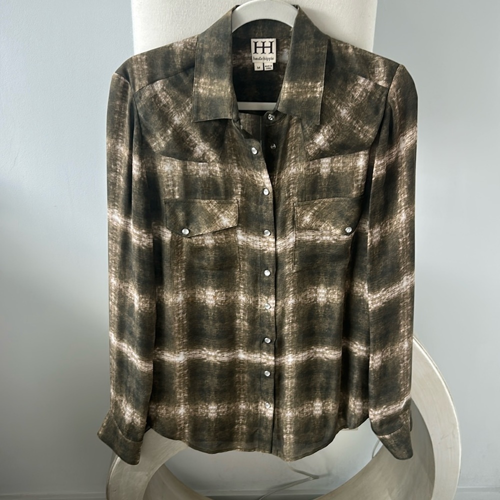 Haute Hippie Ghostly Plaid Silk Long Sleeve Button Down Shirt Size Medium
